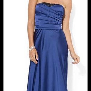 Formal dress strapless silky blue long A line shimmering silky blue